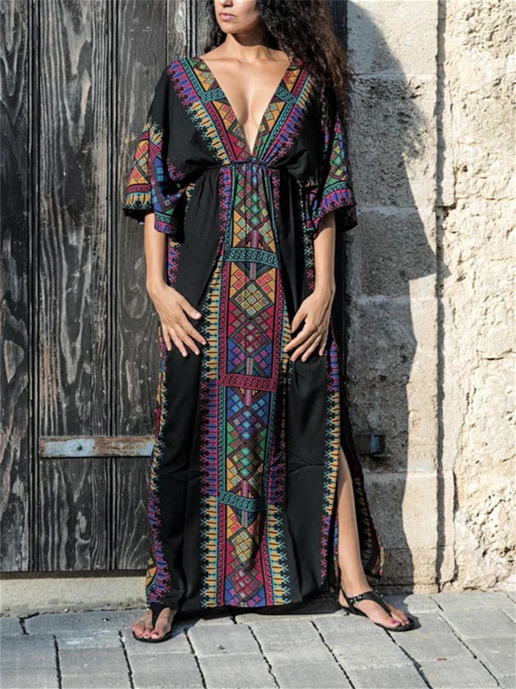 Ethnic Aztec V Neck Drawstring Maxi Dress