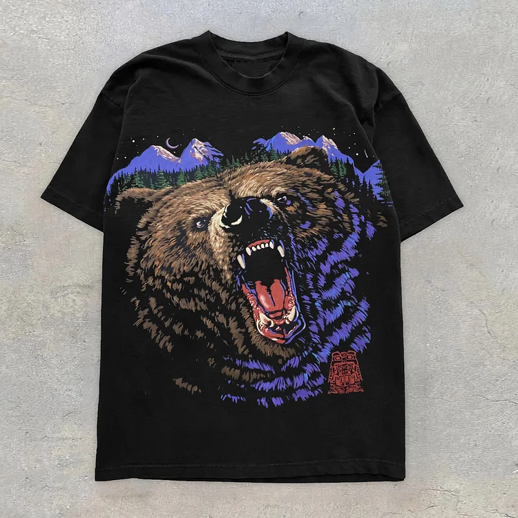 Retro Personality Street Style Bear Print Short Sleeve T-Shirt