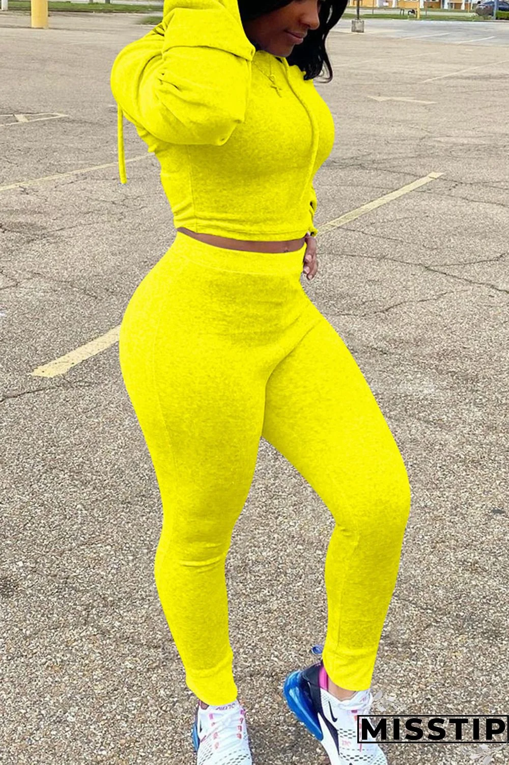 Yellow Street Solid Hooded Collar Long Sleeve Regular Sleeve Two Pieces