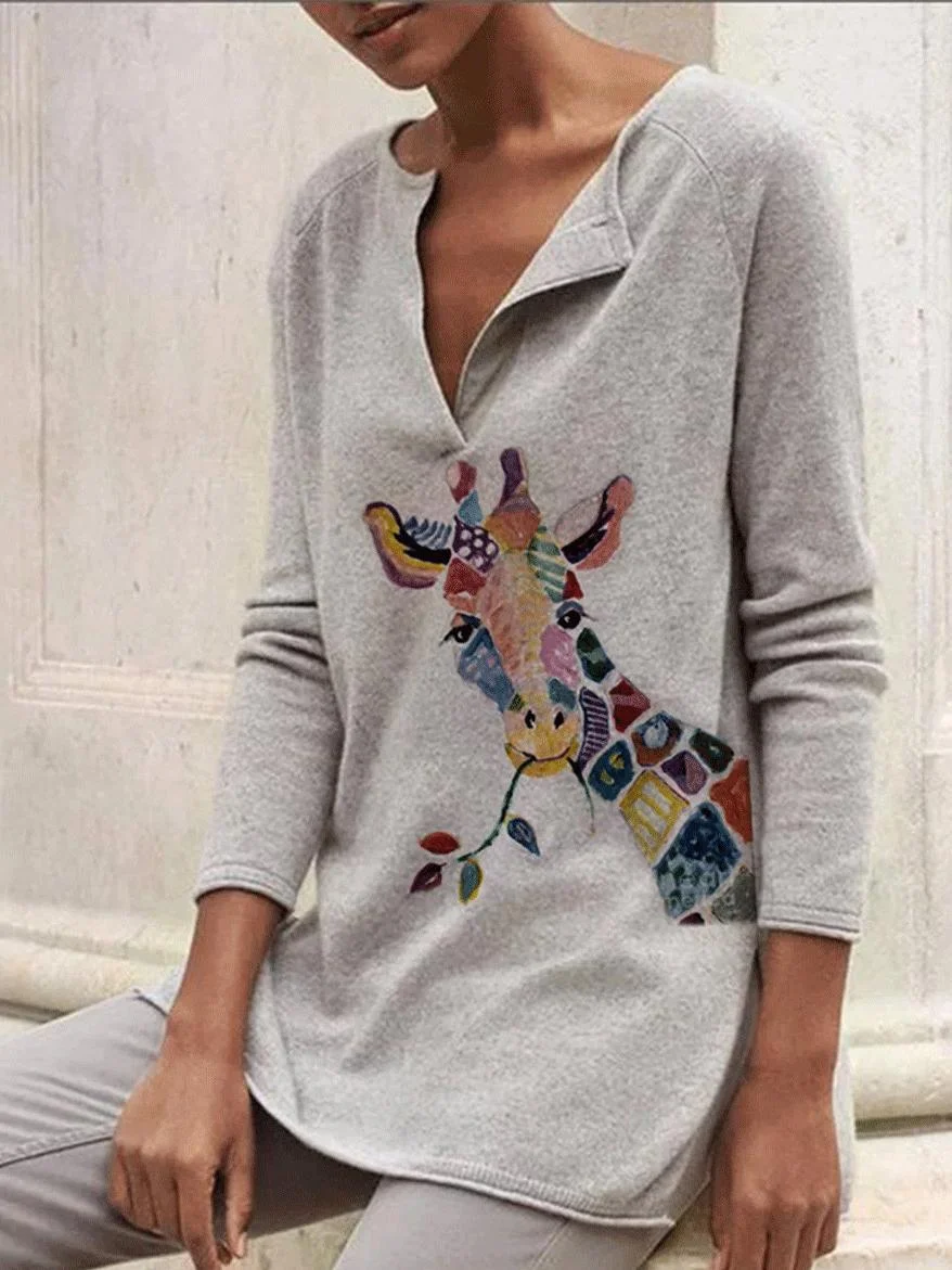 Round Neck Fawn Print Casual Long-Sleeved T-Shirt