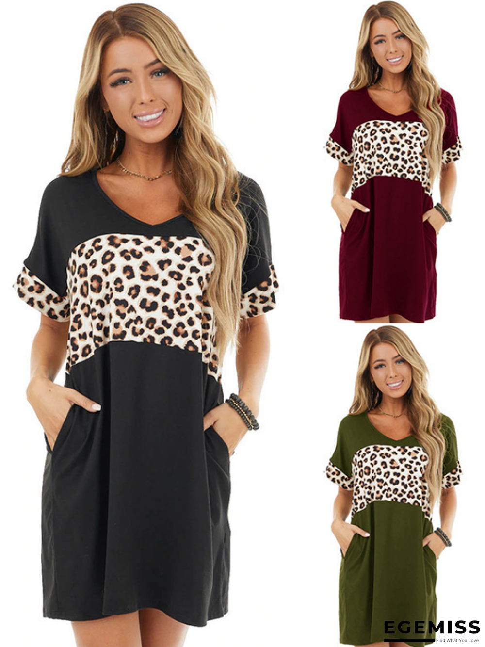 Spring and Summer New Ladies Short Sleeve Round Neck Leopard Stitching Casual Commuter T Skirt Black Dresses | EGEMISS