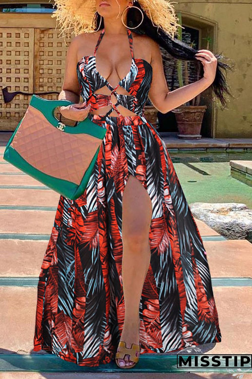 Green Fashion Sexy Print Hollowed Out Backless Halter Sleeveless Dress