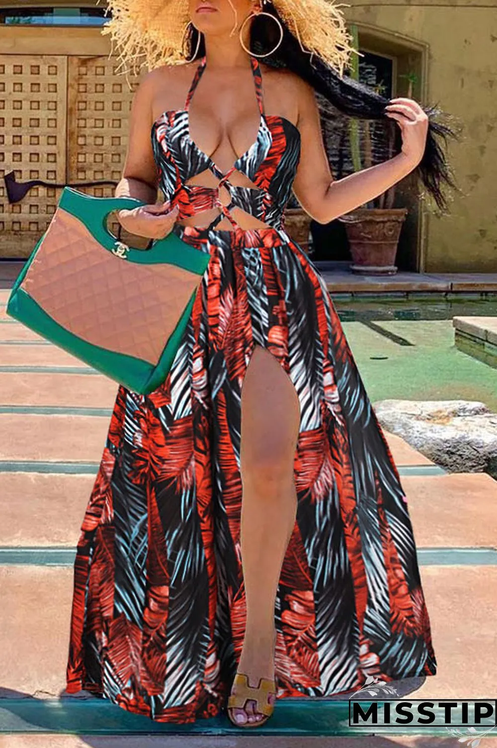 Green Fashion Sexy Print Hollowed Out Backless Halter Sleeveless Dress