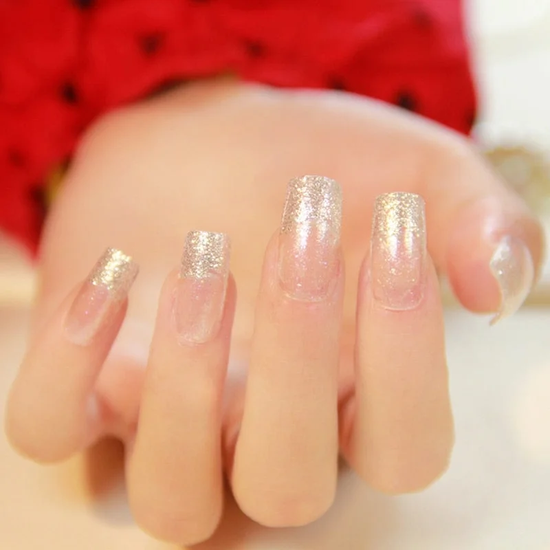 Shimmer Pure Silver Glitter French Nails Clear Spirit Flat Medium Acrylic Press On Nails Full Wraps including glue sticker-Nail Inspo