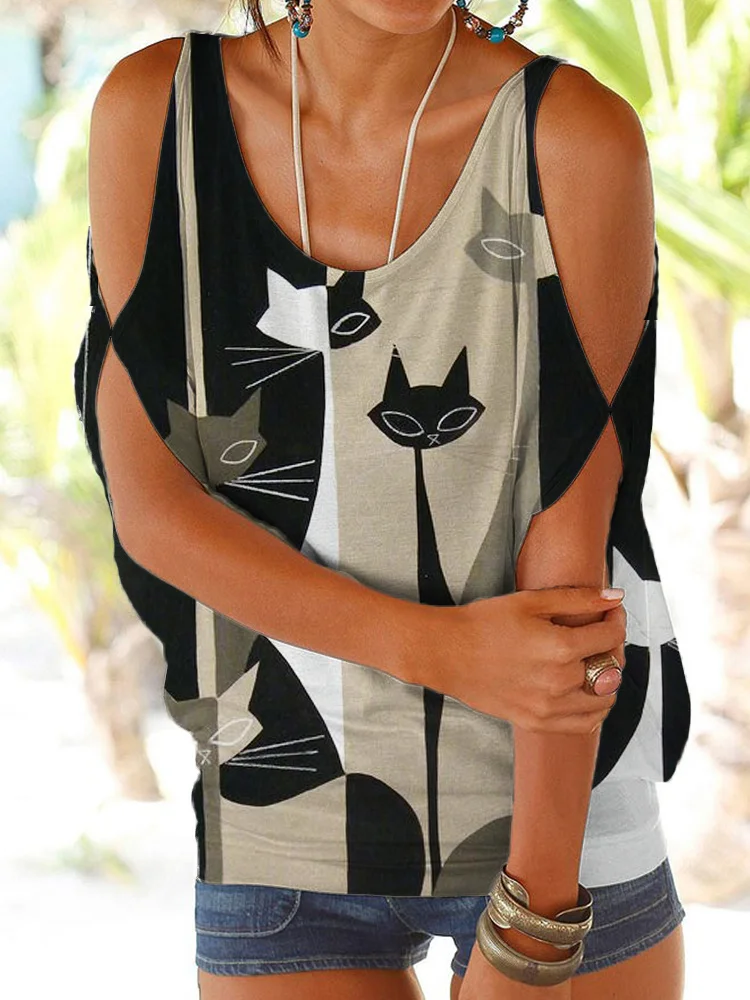 Colorblock Cats Art Hollow Shoulder T Shirt