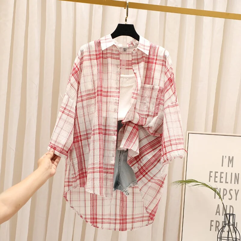 Summer Sun protection Clothing Plaid Shirts Women Blouses Thin Checked Lady Tops Loose Female Beach Clothes Outwear