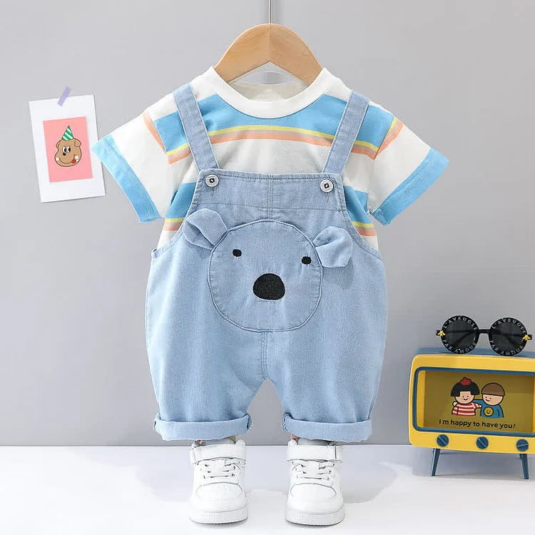 Baby Toddler Striped Tee and Bear Suspender Pants Set