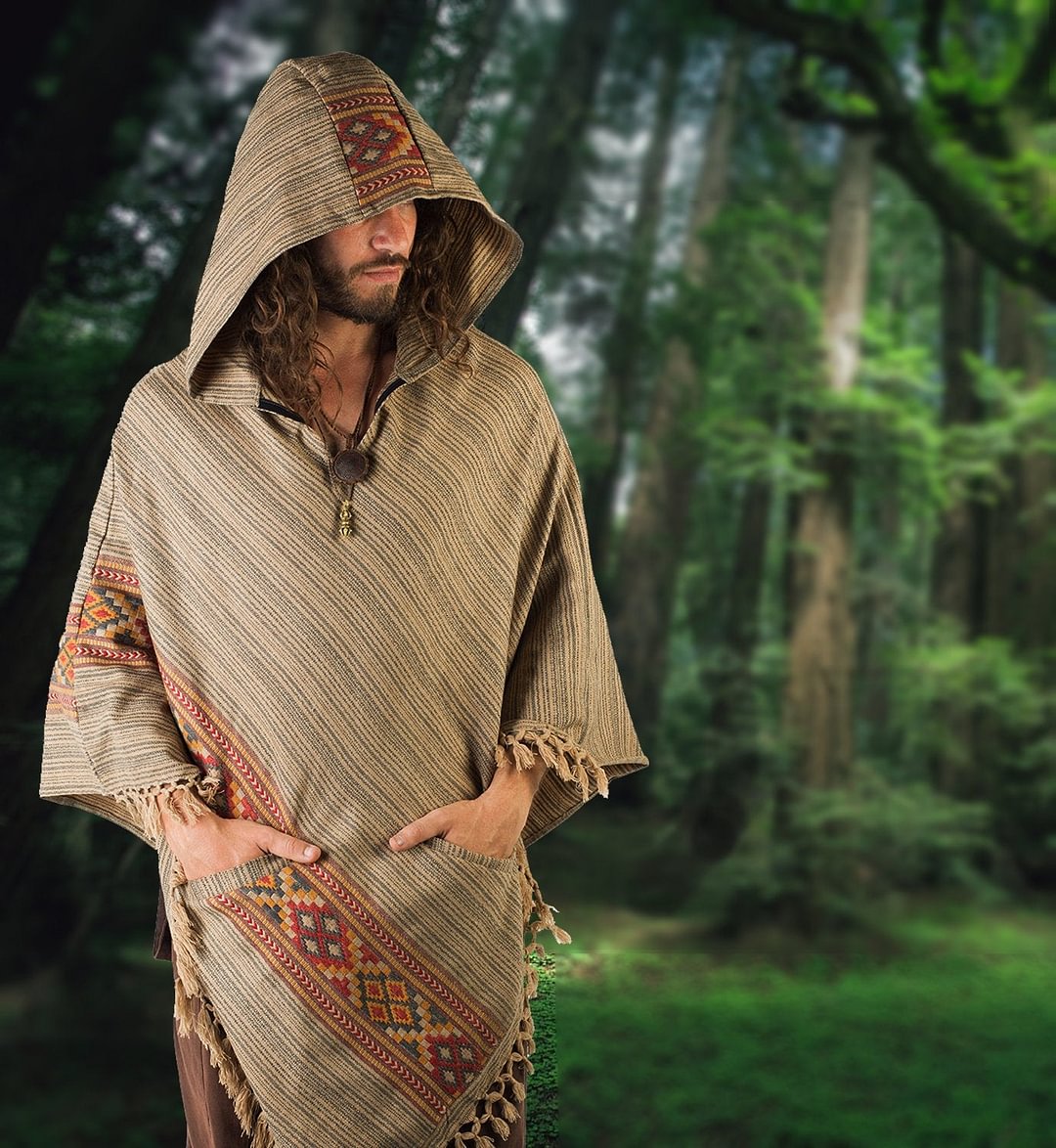 Mens Brown Hooded Poncho, Cashmere Wool, Handmade Festival Boho Primitive Gypsy, One Size Two Pockets, Celtic Embroidery, Mexican,