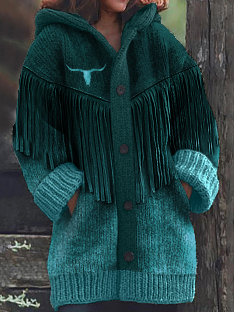  Bull Skull Tassels Gradient Cozy Hooded Cardigan Westsshops