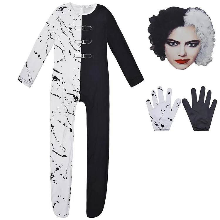 Mayoulove Cruella De Vil Girls Halloween Party School Play Onesie Costume-Mayoulove