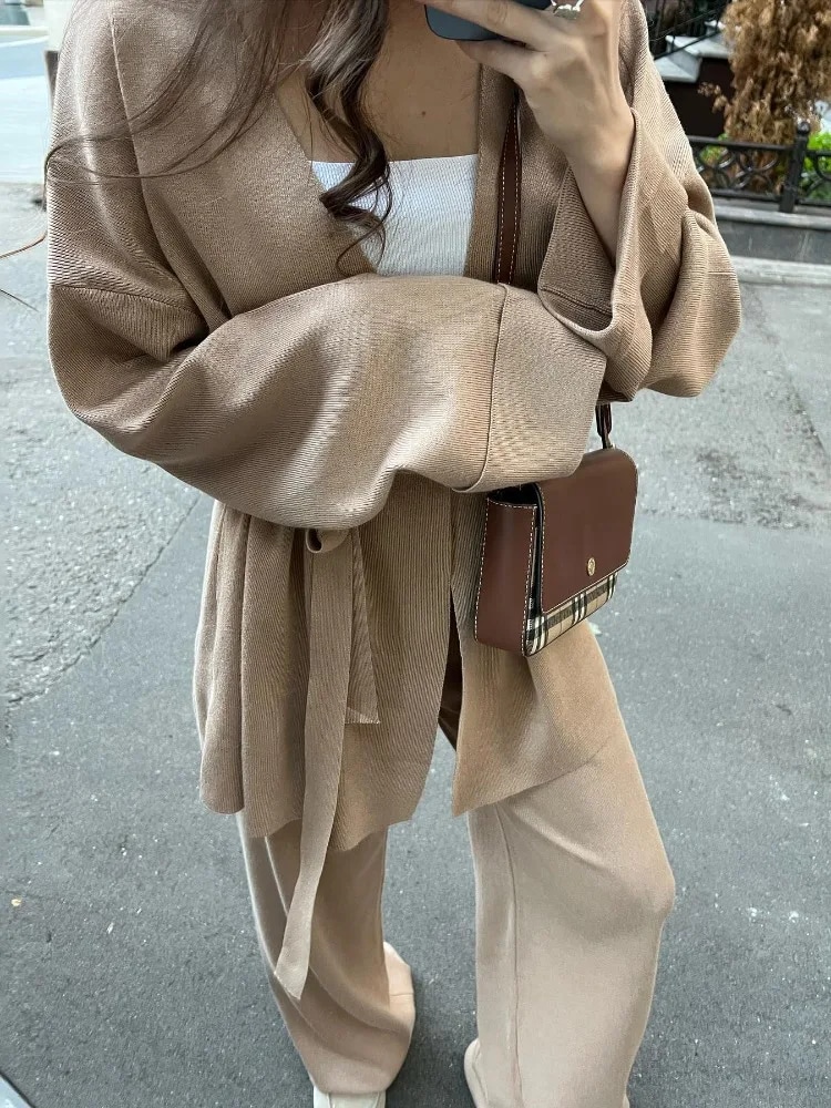 Ootddress Autumn Knit 3 Piece-Set For Women Outfits Lace-Up Vest Outwear Wide Leg Trousers Outfits Casual Solid Pleated Ladies Sets