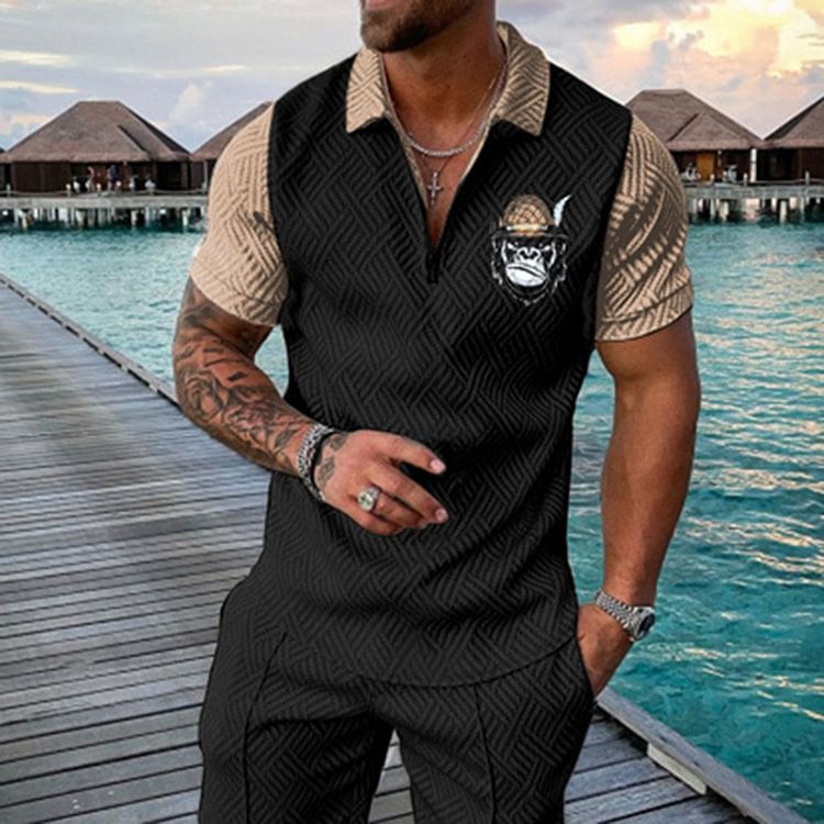 BrosWear Men's Patchwork Casual Short Sleeve Polo Shirt