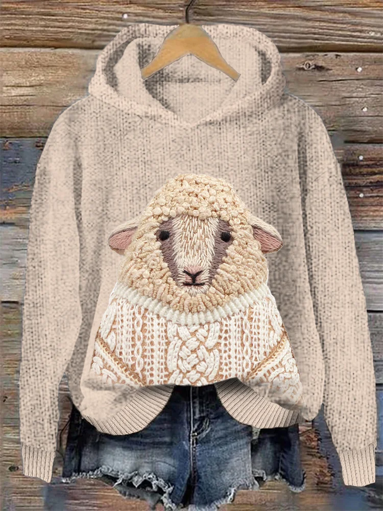 VChics Sheep Knit Art Pattern Cozy Hooded Sweater