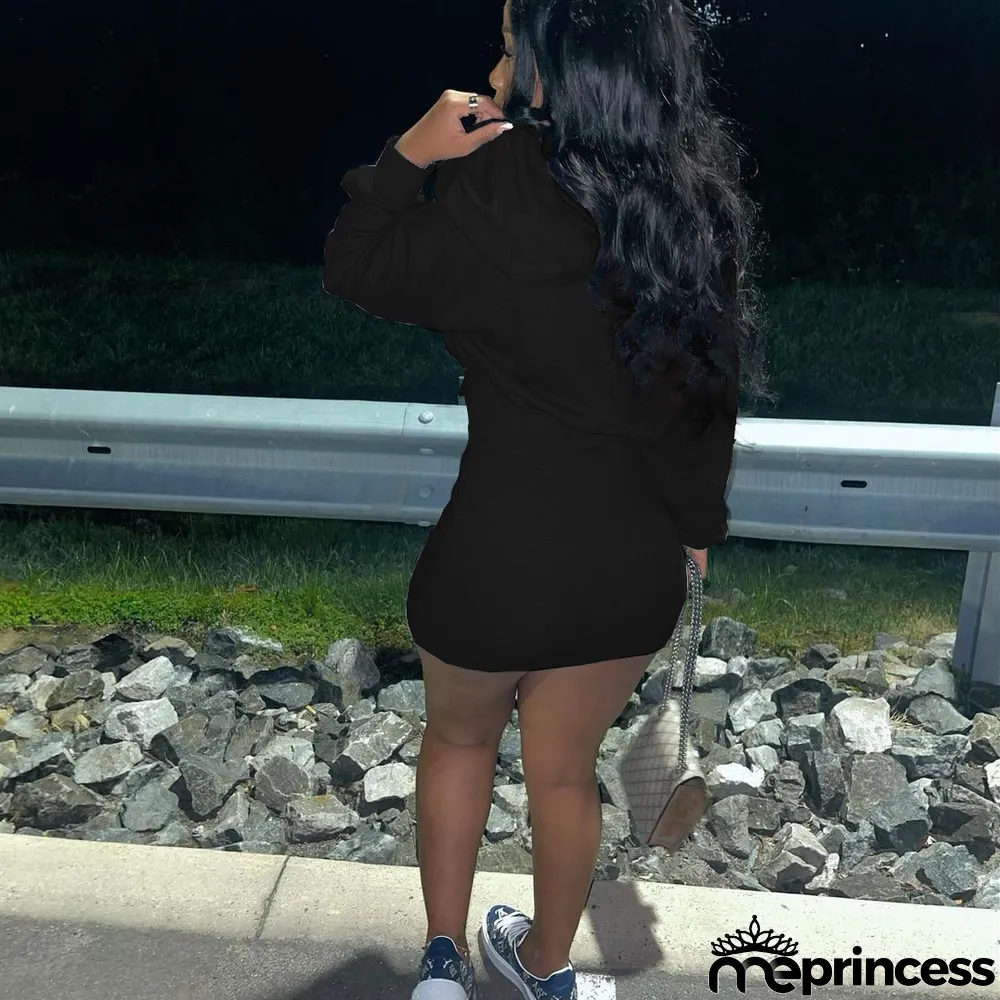 Solid Hooded High Waist Long Sleeve Mini Dress