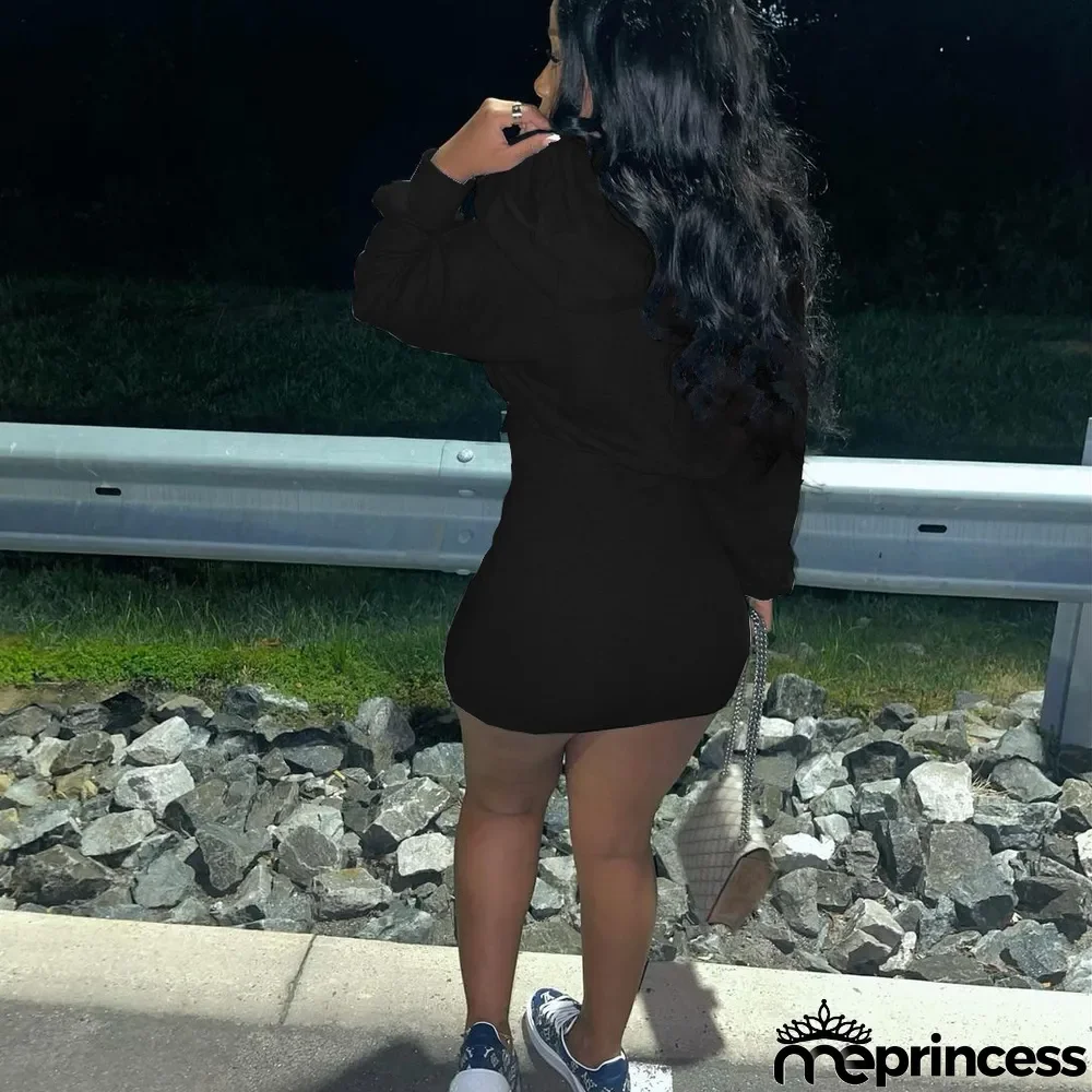 Solid Hooded High Waist Long Sleeve Mini Dress