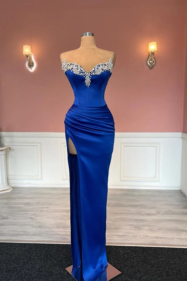 Daisda Royal Blue Sleeveless Strapless Sweetheart Mermaid Beads Prom Dress