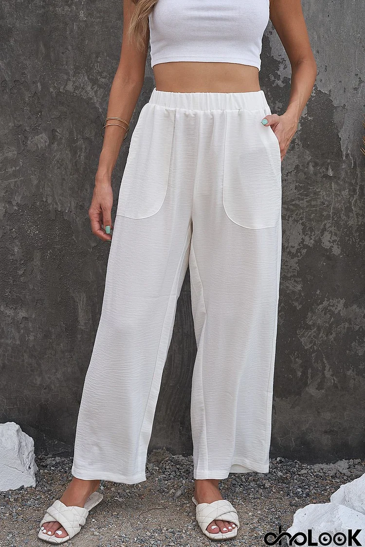 Women Casual White Elastic Waist Pocketed Wide Leg Pants