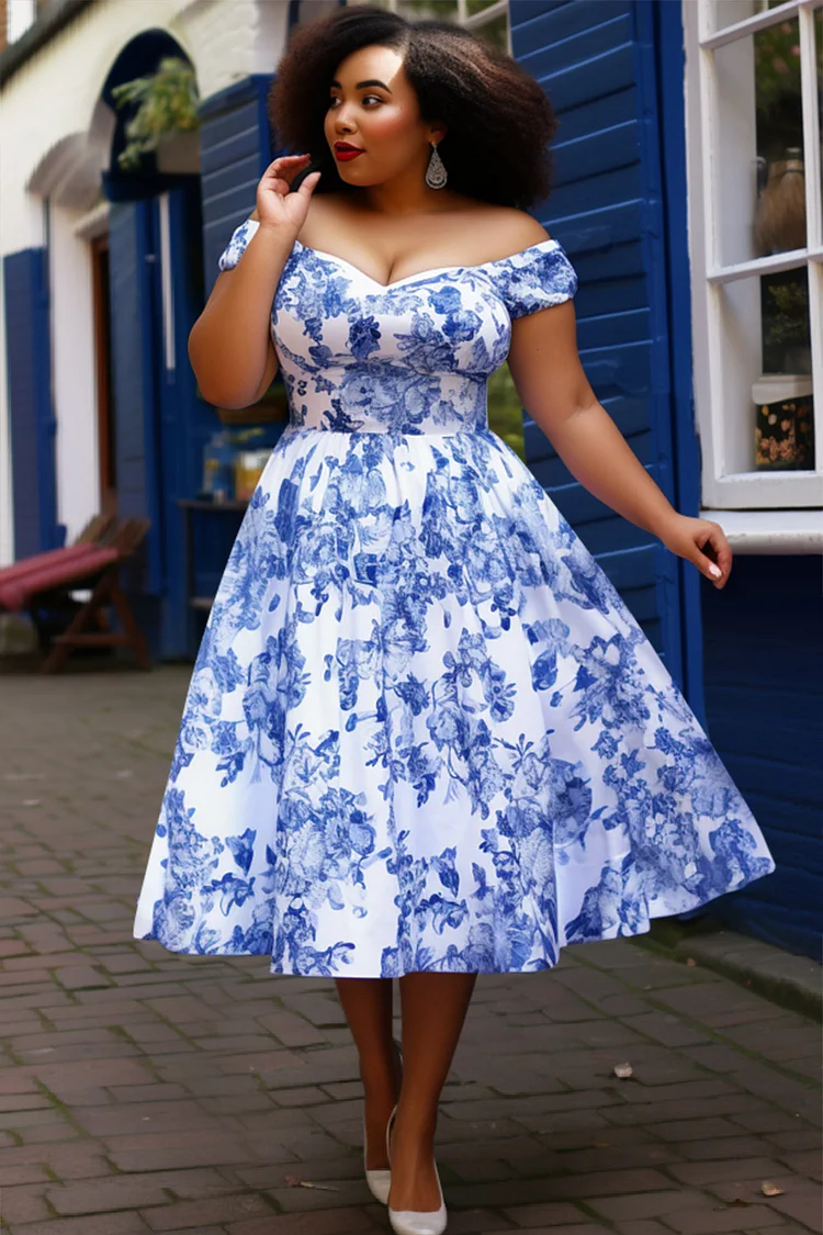 Xpluswear Design Plus Size Semi Formal Blue Floral Square Neck Midi Dresses [Pre-Order] 2024 - Xpluswear