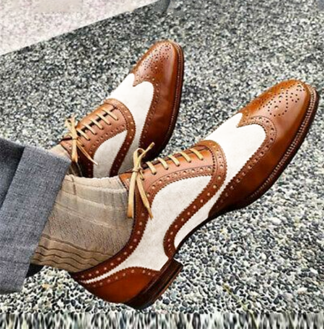 Handmade Beige Brown Spectator Dress Luxury Wing Tip Brogue Shoes