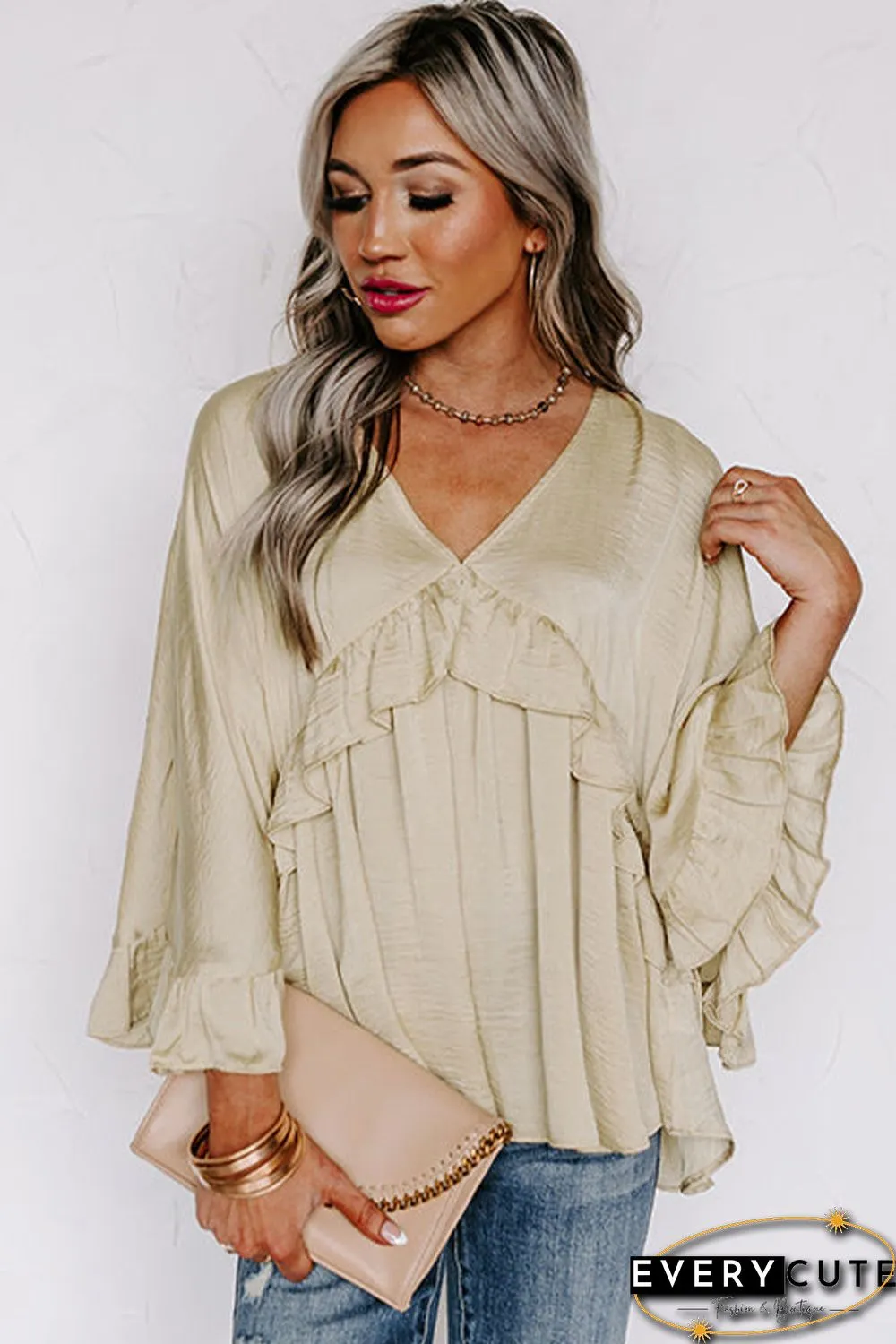 Apricot V Neck Draped Batwing Sleeve Ruffle Top