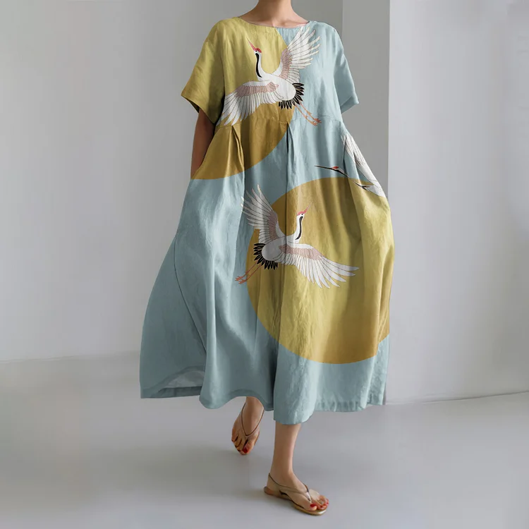 VChics Japanese Art Crane Print Short Sleeve Midi Dress