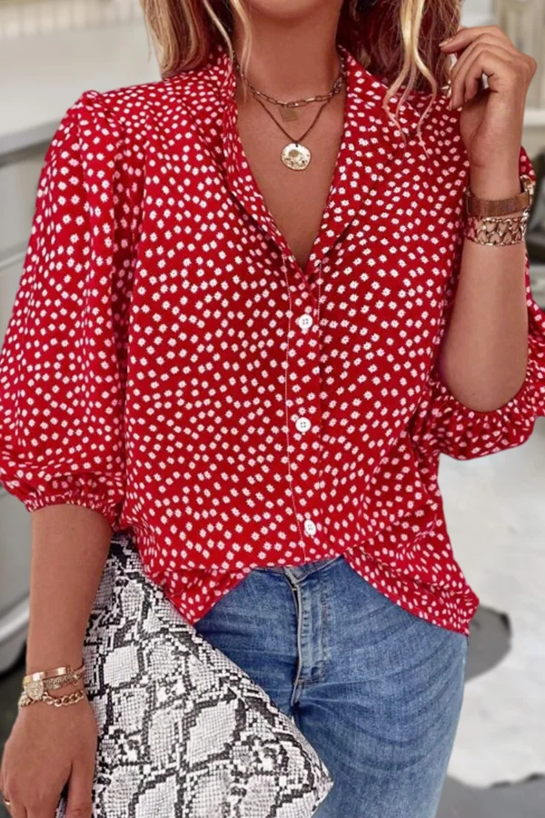 Polka Dot Print Button Front Half Sleeve Top