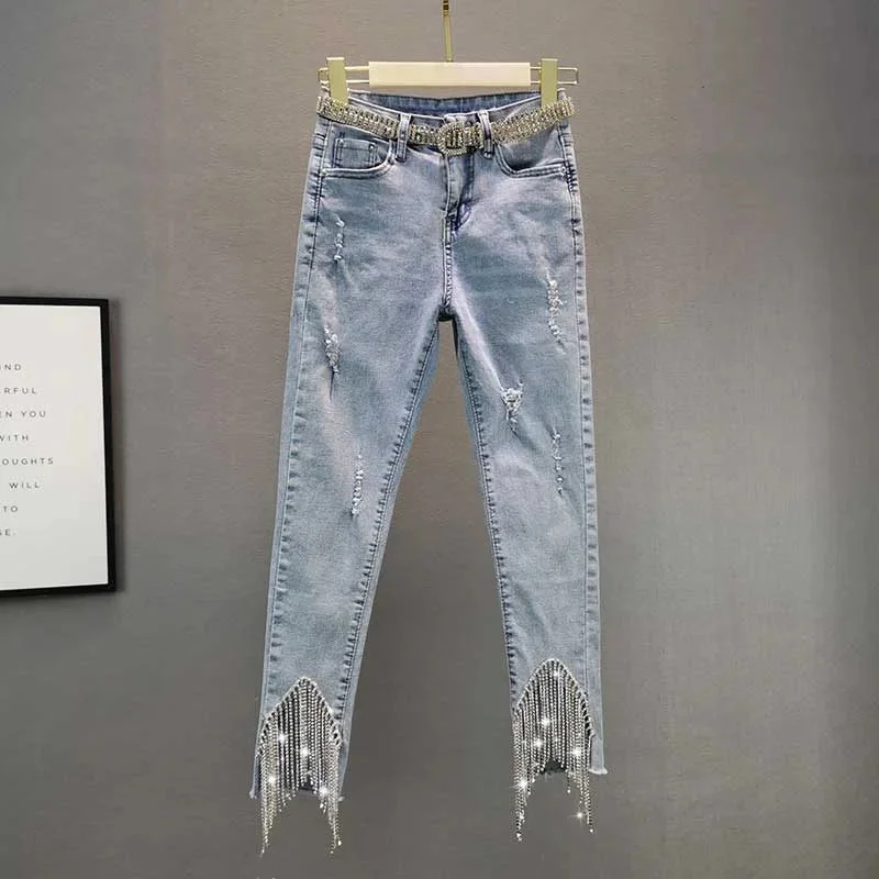 Huibahe Women Jeans High Waist Solid Color Slim Tassel Diamonds Belt Denim Ankle-Length Pencil Pants2024 Summer New Fashion 29L1698