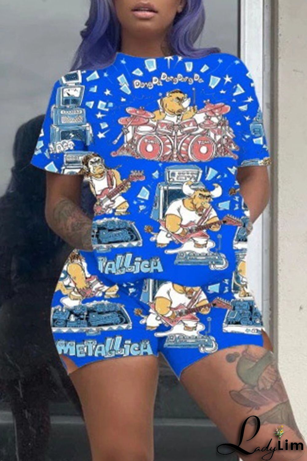 Green Street Print Patchwork O Neck Short Sleeve Two Pieces