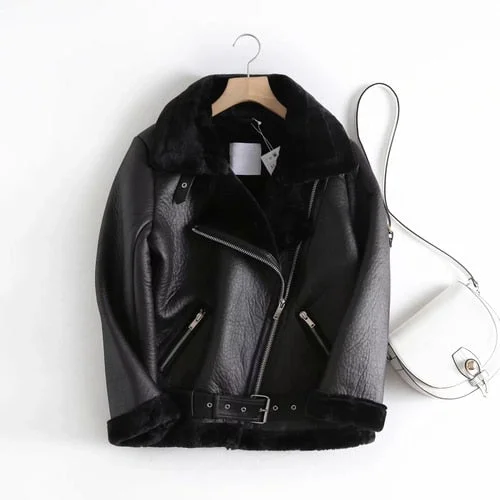 Fitaylor Winter Women Faux Lamb Leather Jacket Streetwear New Autumn Female Thickness Sheepskin Loose Coat with Belt Outwear