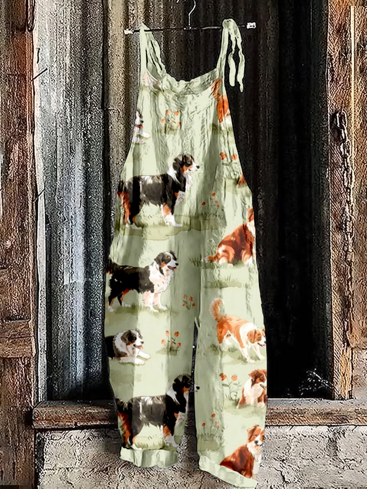 Comstylish Lovely Farm Dogs Linen Blend Cozy Jumpsuit