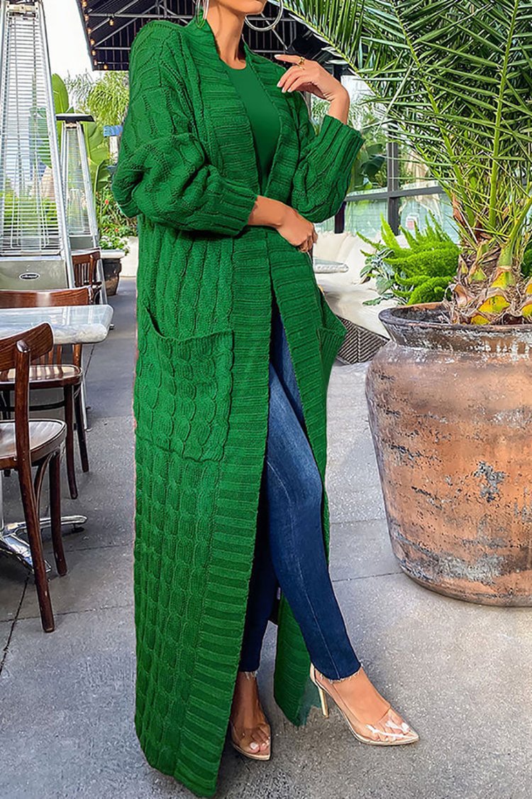 Xpluswear Plus Size Casual Green Cardigans Long Sleeve With Pockets Knit Floor Length Outwear
