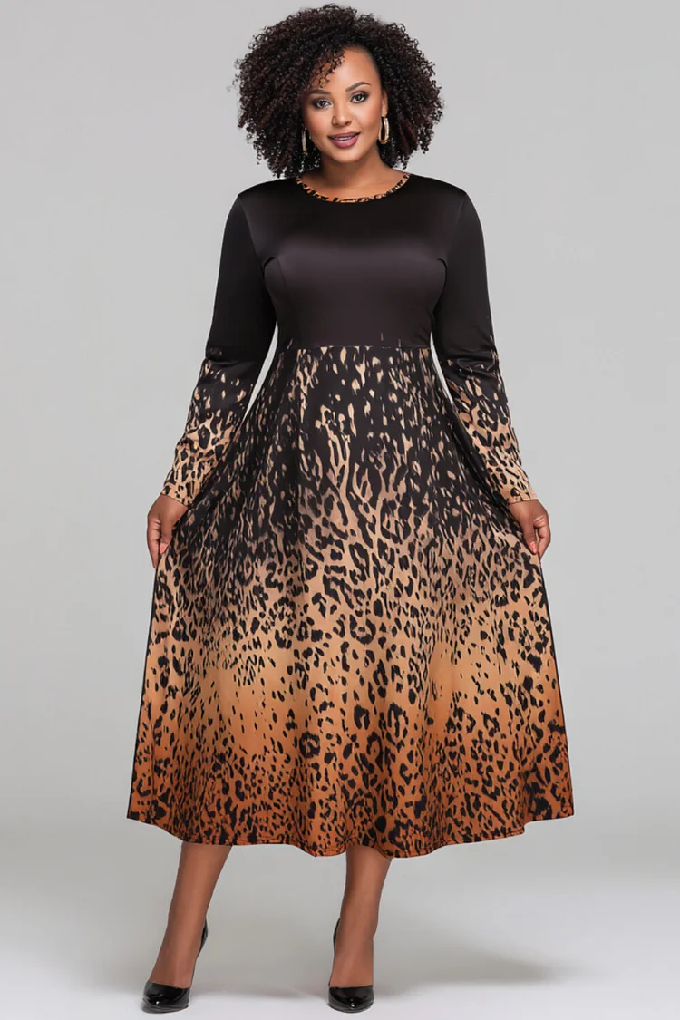Xpluswear Design Plus Size Business Casual Brown Leopard Round Neck Long Sleeve Pocket Elegant Midi Dresses 2024 - Xpluswear