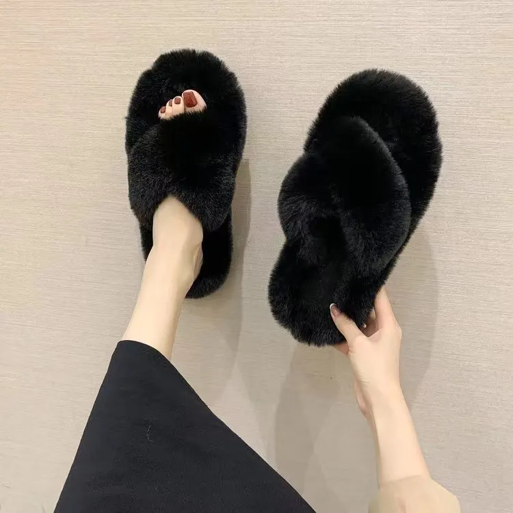 Breakj Breakj Slippers Women Wear Net Red Code 2025 New Autumn And Winter Warm Wear Cross Fur Slippers