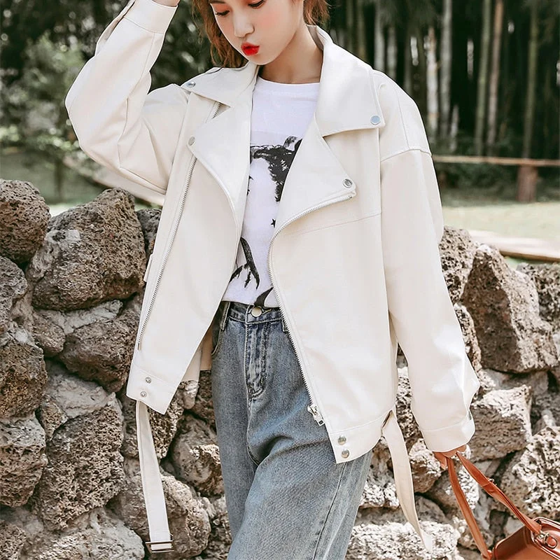 FTLZZ 2021 New Spring Women Pu Leather Motorcycle Jacket Female With Belt Solid Color Jackets Ladys Loose Casual Jacket