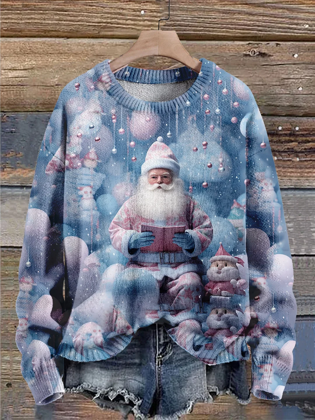 Christmas Gift Santa Claus Reading A Book Art Print Knit Pullover Sweater