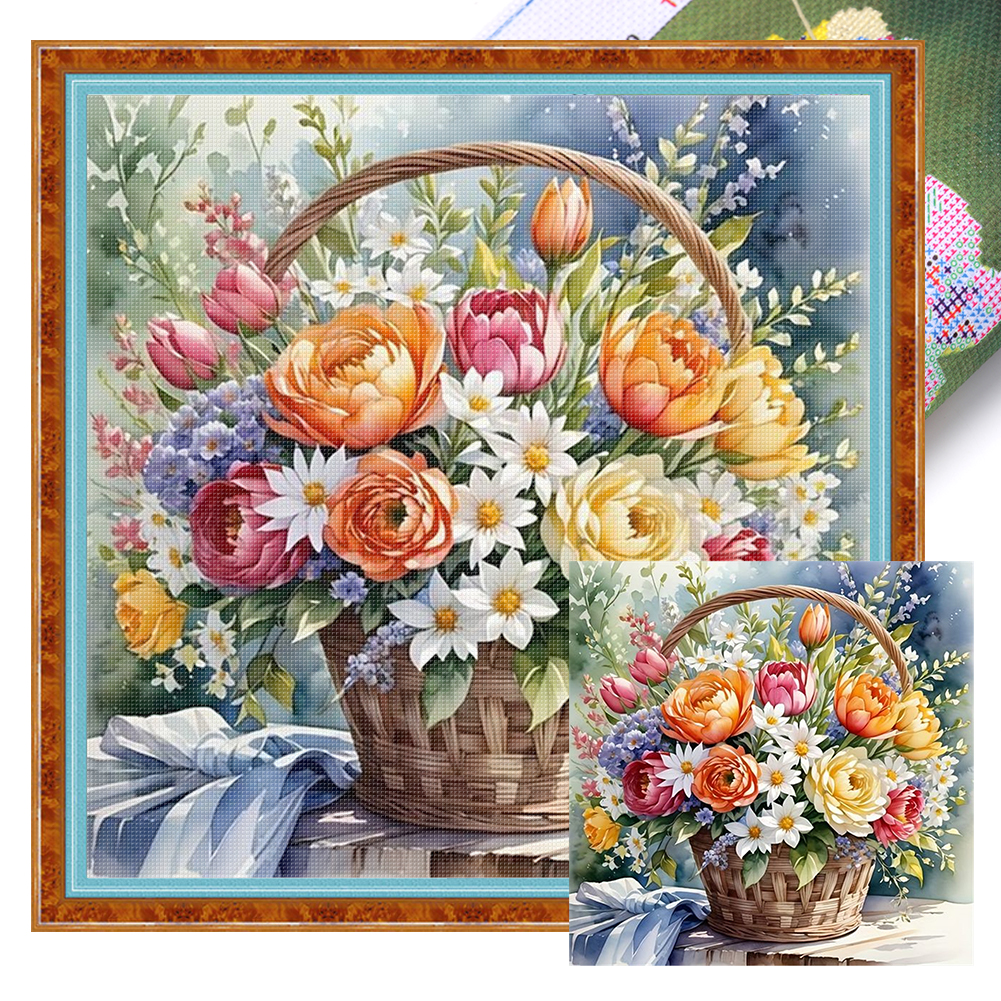 Vintage flower basket Full 11CT Pre-stamped Canvas(40*40cm) Cross Stitch