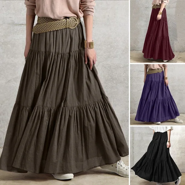 Women Elastic Waist Plus Size Casual Loose Long Skirts Ruffled Hem Long Dresses