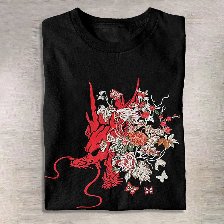 100% Cotton Dragon In Flowers Print T-shirt