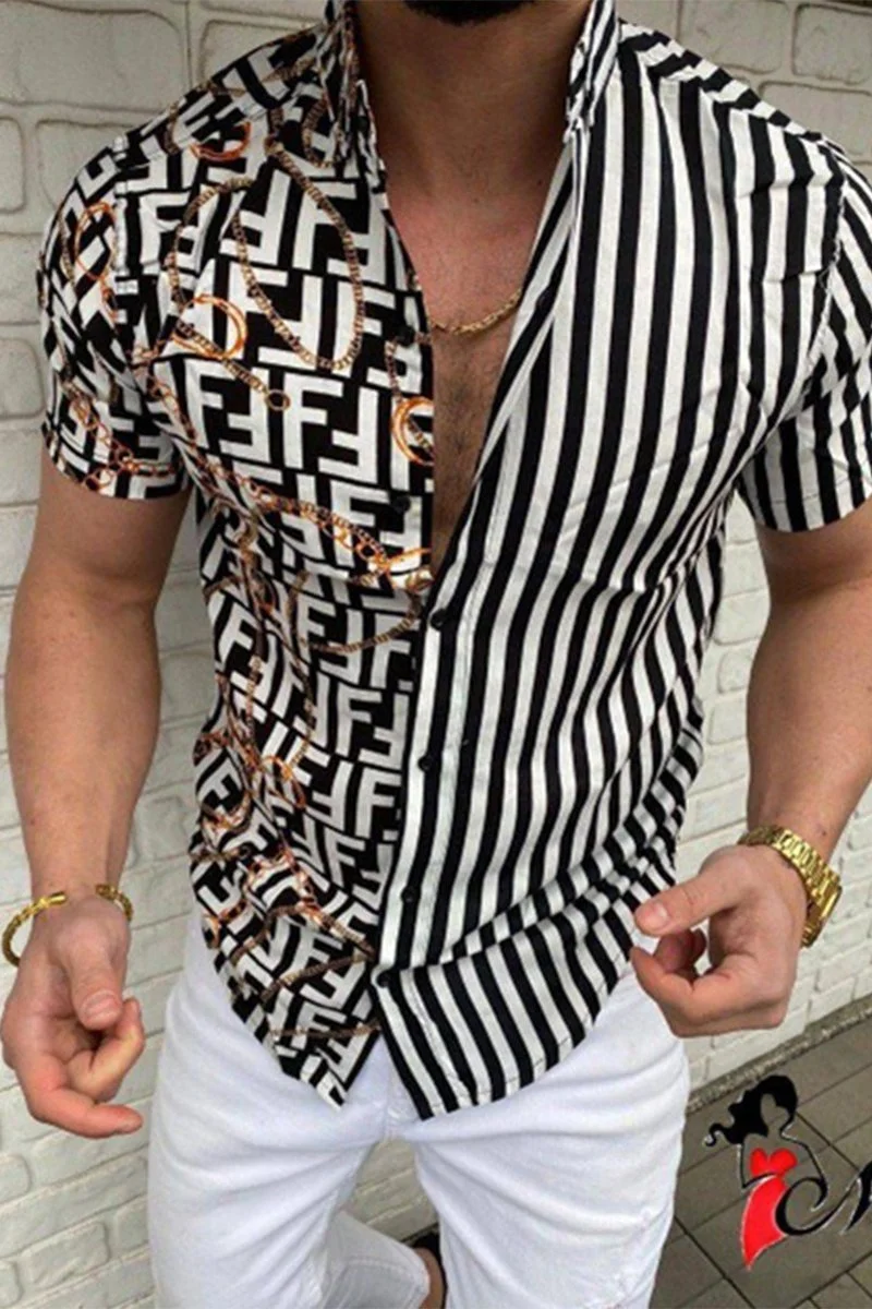 men's casual stitching striped printed shirt