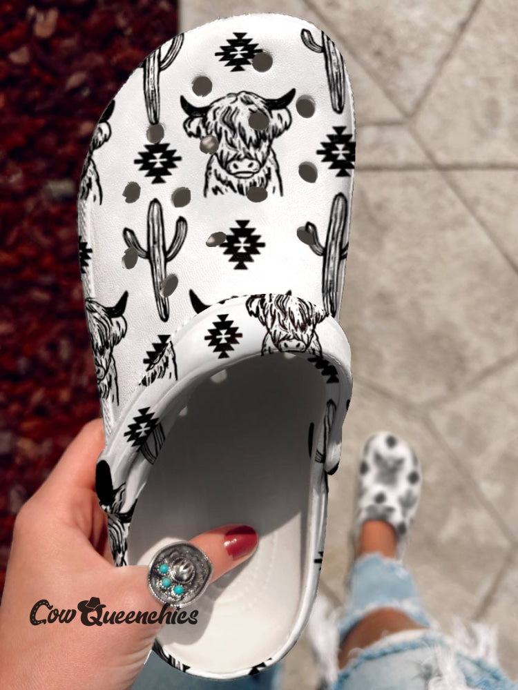 Highland Cow & Cactus Print Crocs White / 36