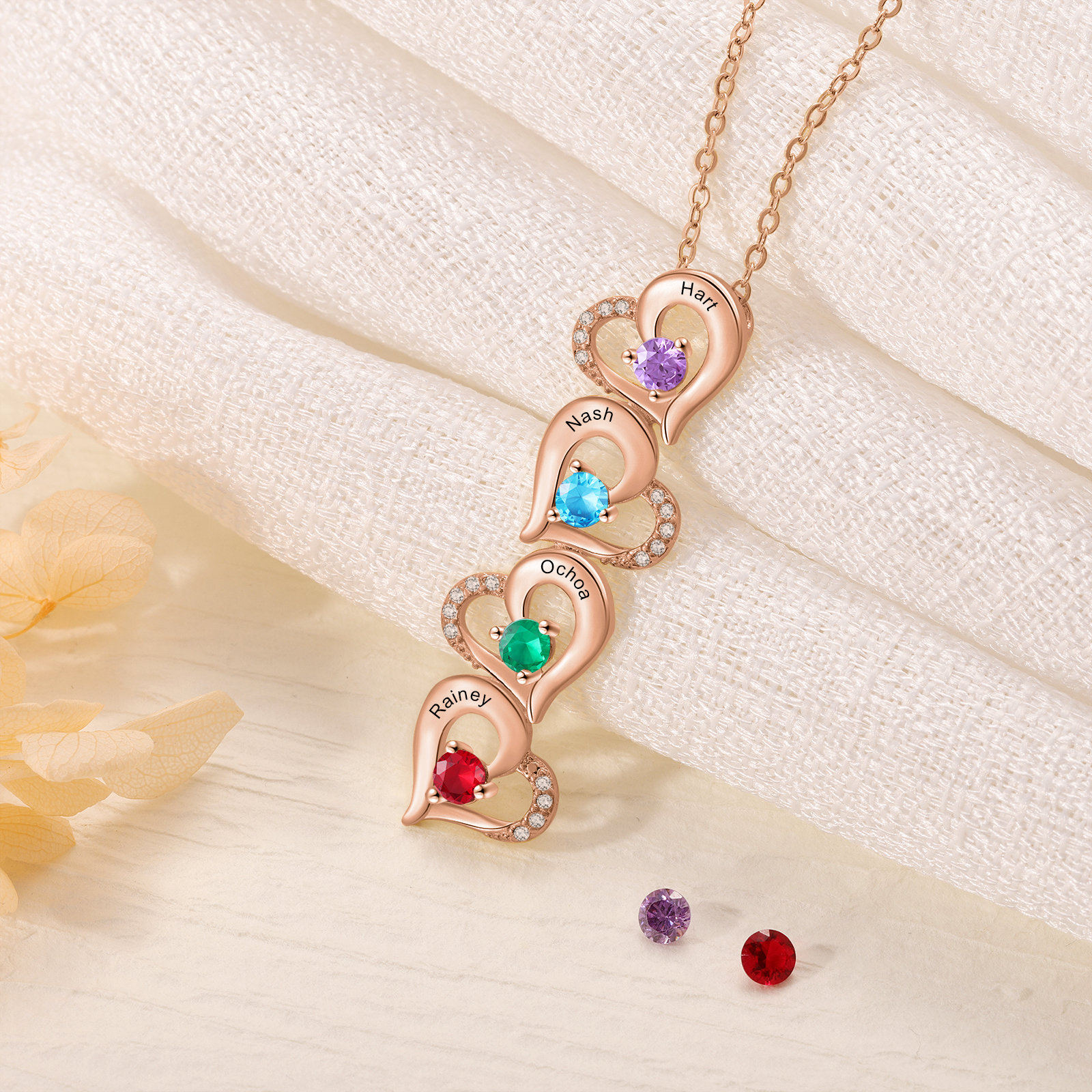 4 Names - Personalised Heart Pendant Necklace Custom Birthstones & Names Necklace Birthday Gift for Her-Jessemade AU