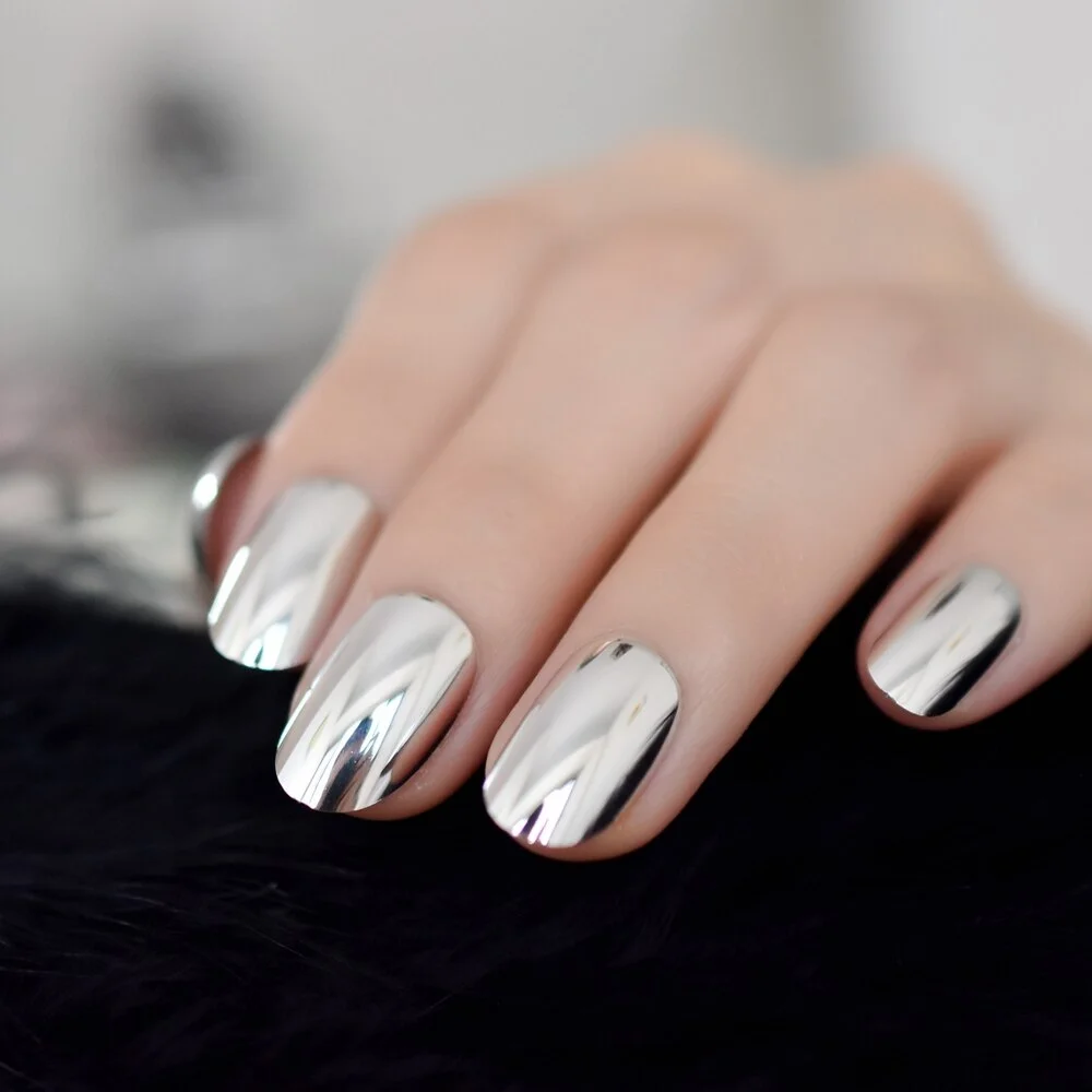 Quality Oval Fake Nails Silver Mirror Faux Ongle Short Daily Nail Art Tips Metallic Style Glamour Nail Tip-Nail Inspo