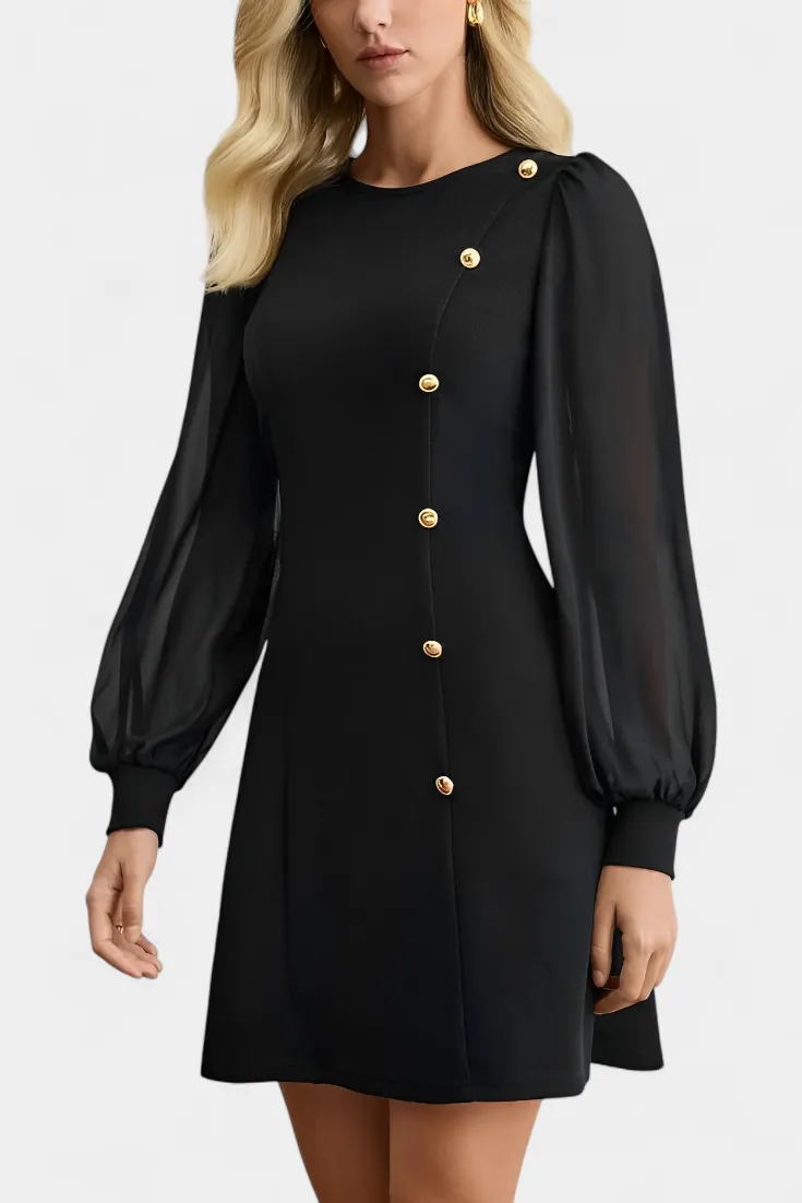 Structured Long-Sleeve Button Dress with Puff Sleeves