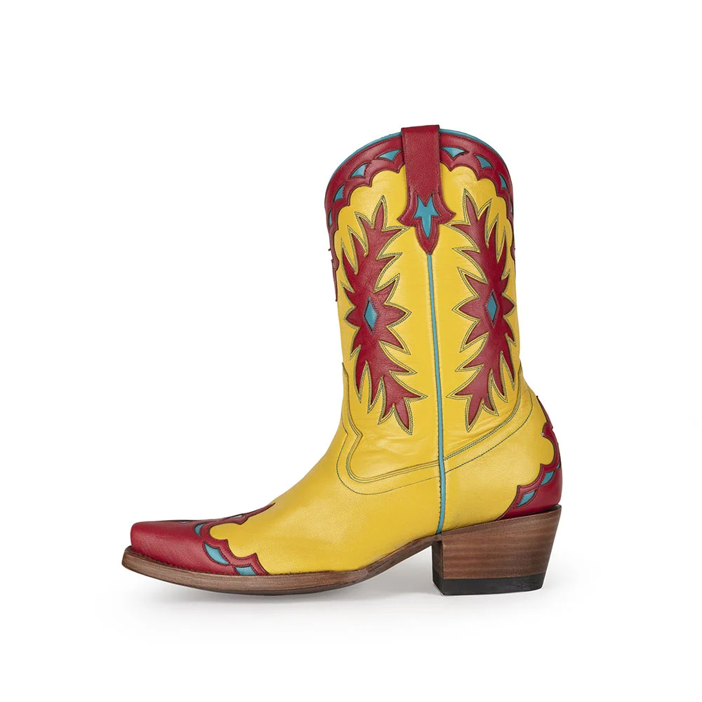 Red & Yellow Stacked Heel Decorative Inlay Wide Calf Cowgirl Boots