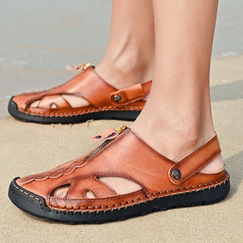 Men Summer Fashion Casual Mules Male Breathable First Layer Cowhide Loafer Slippers Open Back Flat Genuine Leather Half Sandals