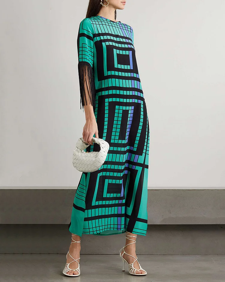 Fringed printed silk maxi dress
