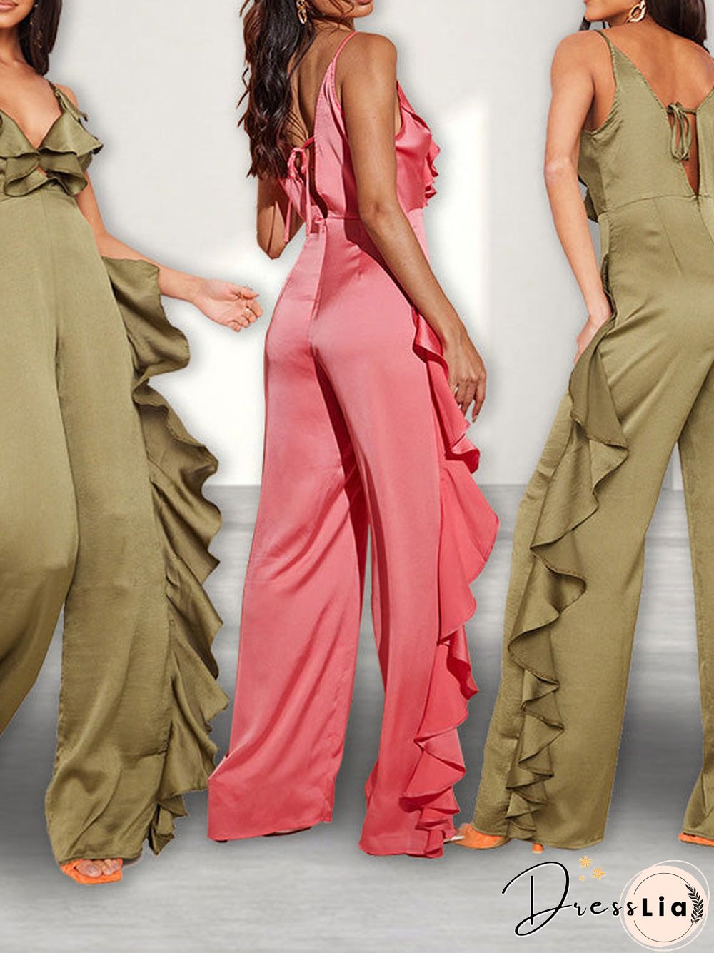 Women'S Jumpsuits Deep V Neck Open Back Ruffle Jumpsuit