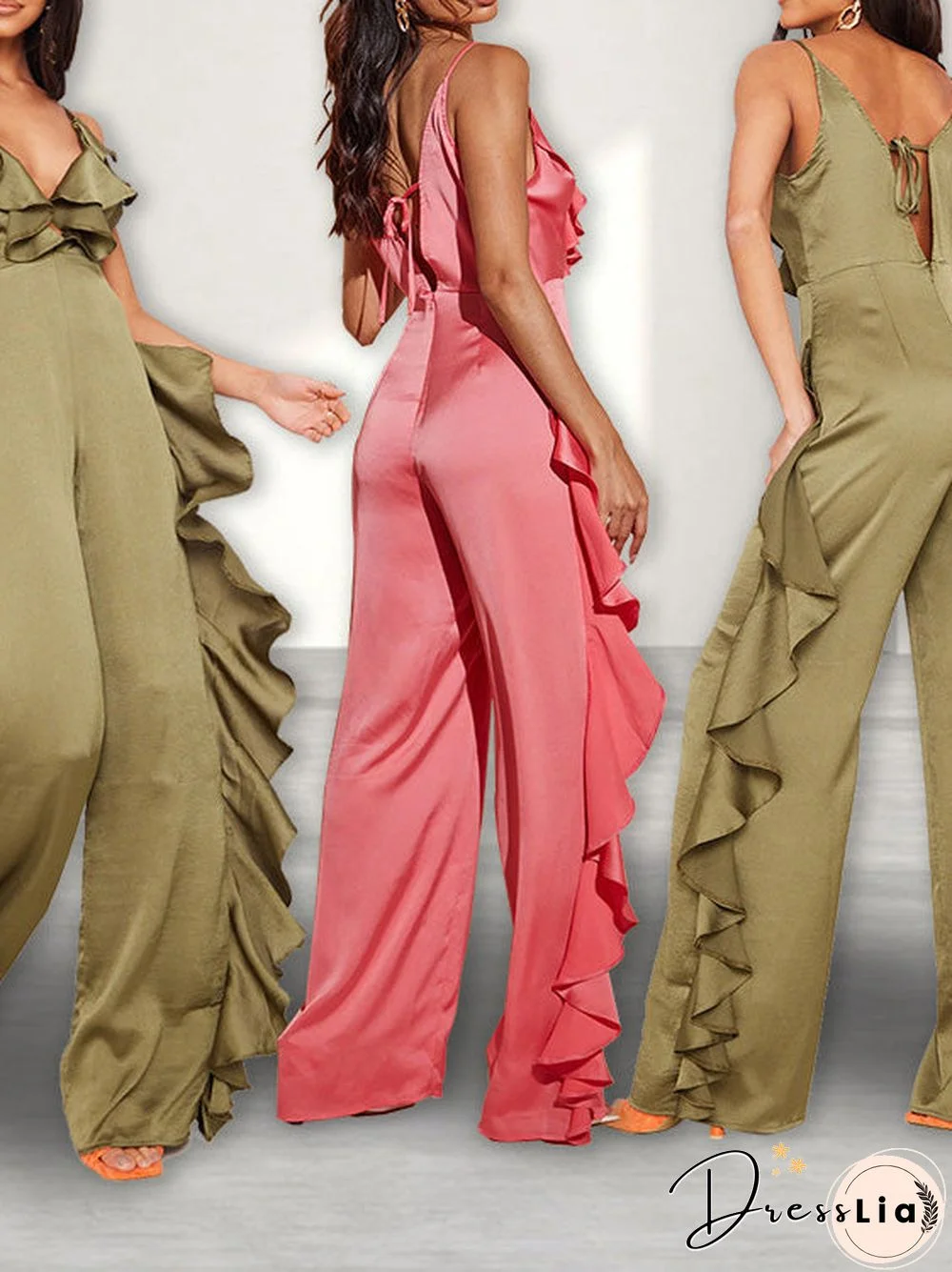 Women'S Jumpsuits Deep V Neck Open Back Ruffle Jumpsuit