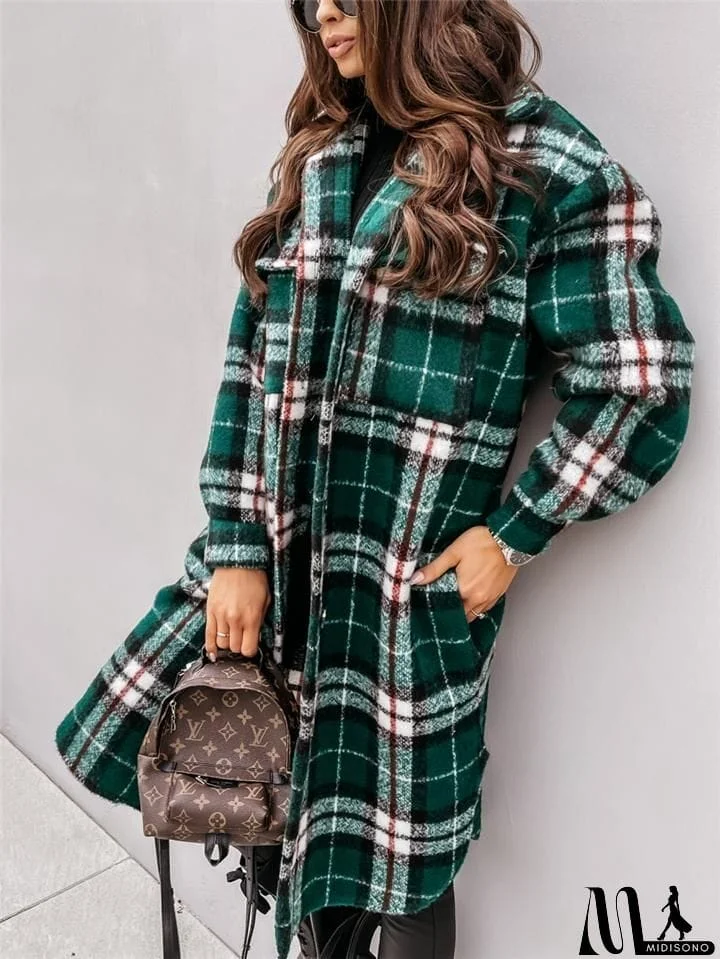 MidiSono - Cozy Warm Button Up Chest Pocket Lapel Collar Plaid Long Coat
