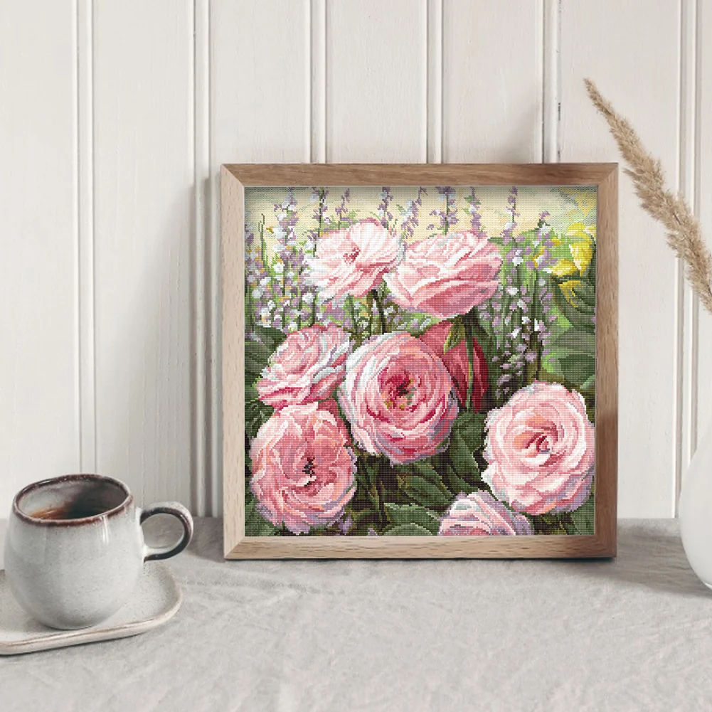 14CT Full Stamped Cross Stitch - Rose Flower(Canvas|48*48CM)